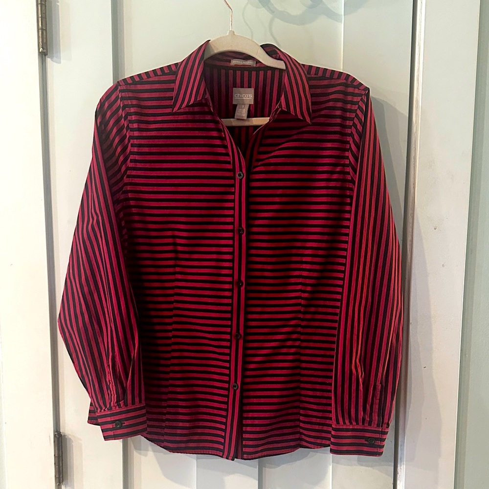 Chico's Red and Black Striped Button Down‎ Shirt